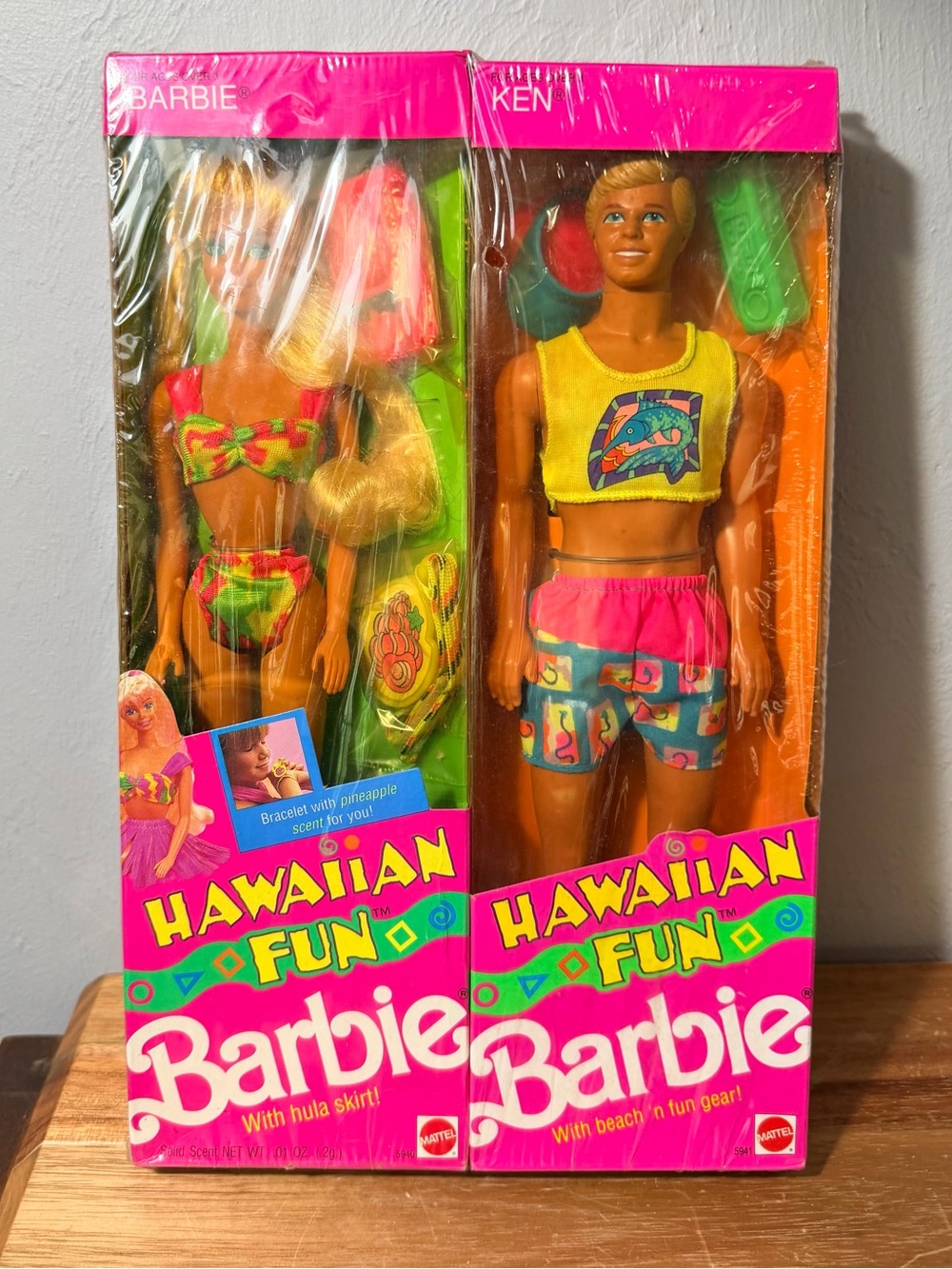 1990 Mattel Barbie & Ken Tropical Pink, Yellow & Green Swim Set